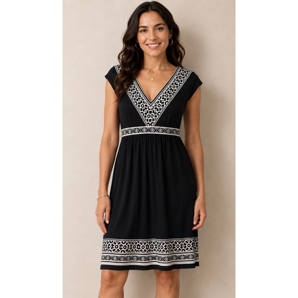 R&K Originals Petite Black White Geometric Print V-Neck Empire Waist Dress 12P